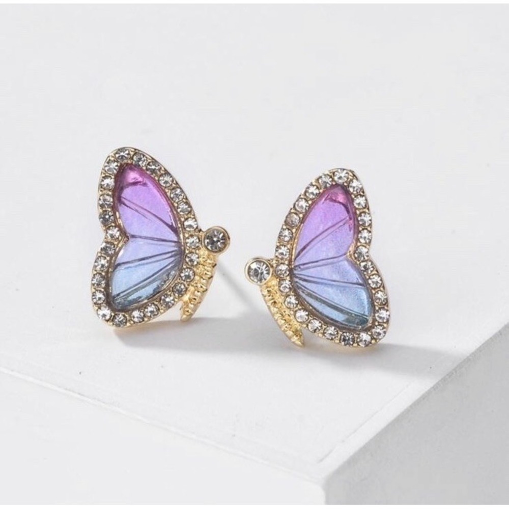 Butterfly Stud Earrings Statement Ombre‎ Purple Blue W/ Gold Accent Fine Jewelry